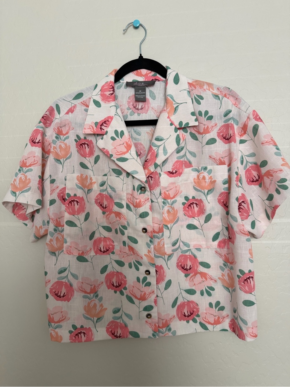 Floral Button-Front Crop Top - Pink/Green
